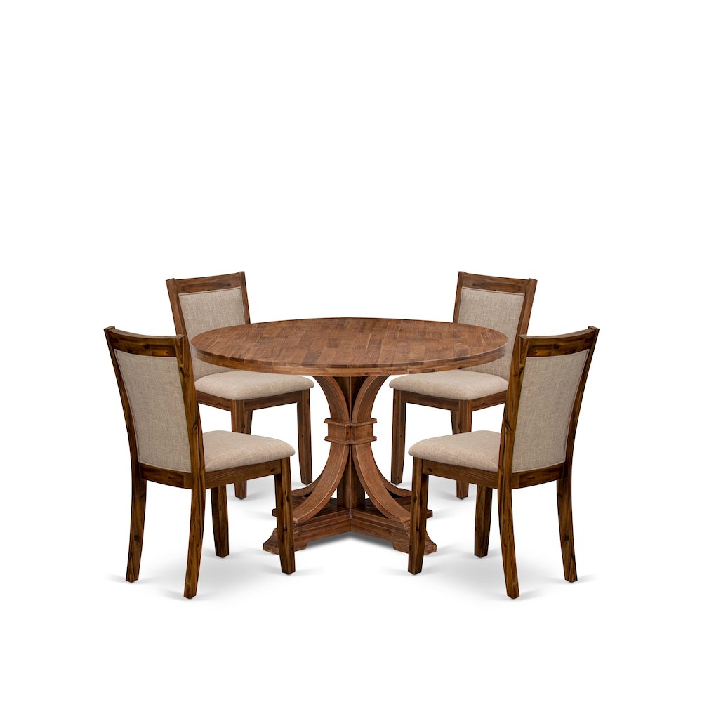 5-Pc Kitchen Set A Pedestal Dining Table, 4 Light Tan Linen Fabric Padded Chairs. Picture 1