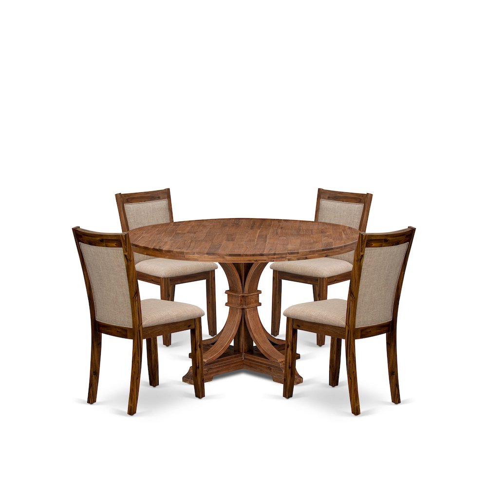 5-Pc Dining Room Set A Pedestal Round Table, 4 Light Tan Fabric Padded Chairs. Picture 1