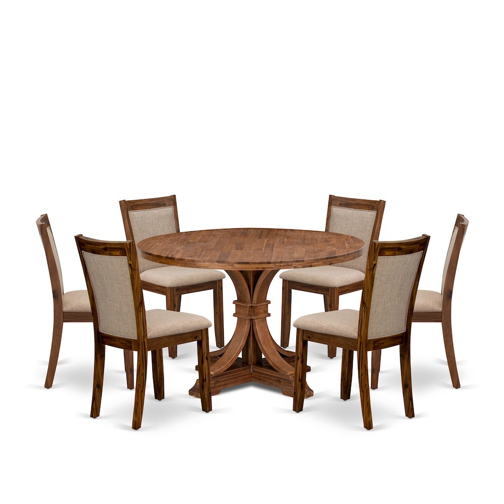 7-Pc Dining Room Set Of A Pedestal Dining Table, 6 Light Tan Parson Chairs. Picture 1