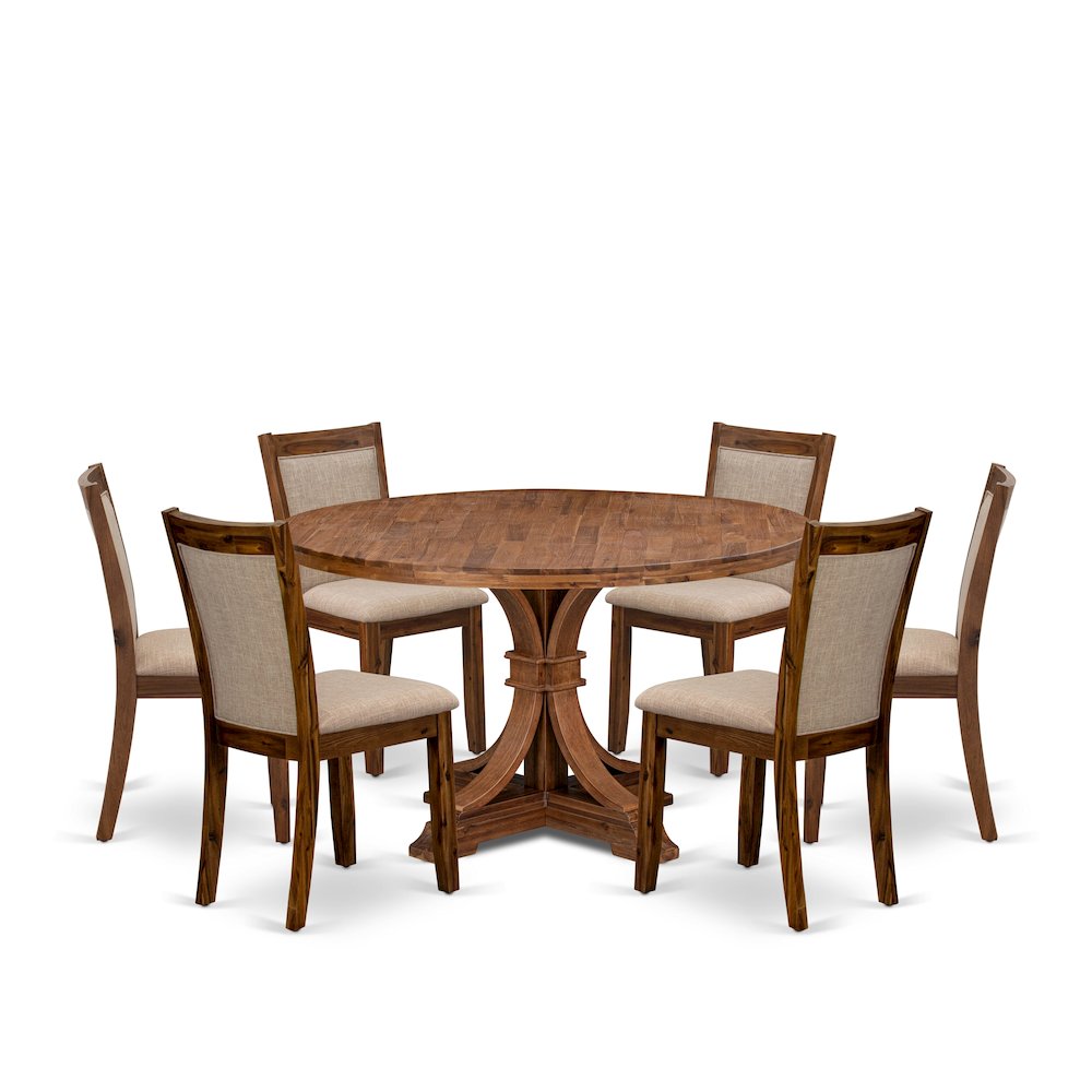 7-Pc Dining Set Of A Pedestal Dining Table, 6 Light Tan Fabric Dining Chairs. Picture 1