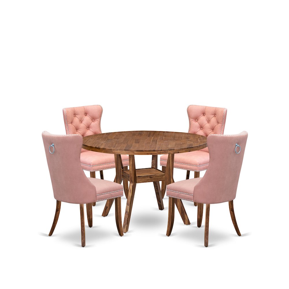 5-Pc Dinner Table Set Contain A Wooden Table And 4 Beige Red Upholstered Chairs. Picture 1
