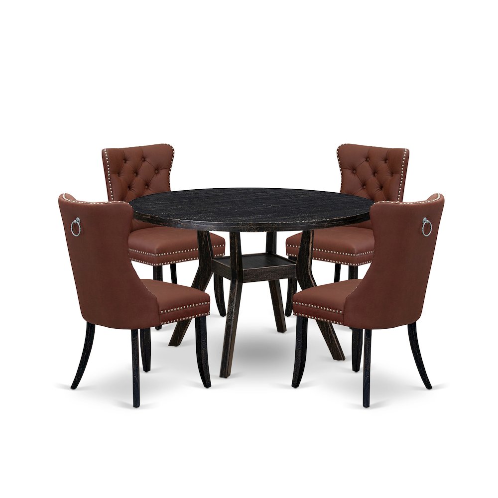 5 Piece Dining Table Set Consists Of 48" Round Table In Burgandy Color. Picture 1