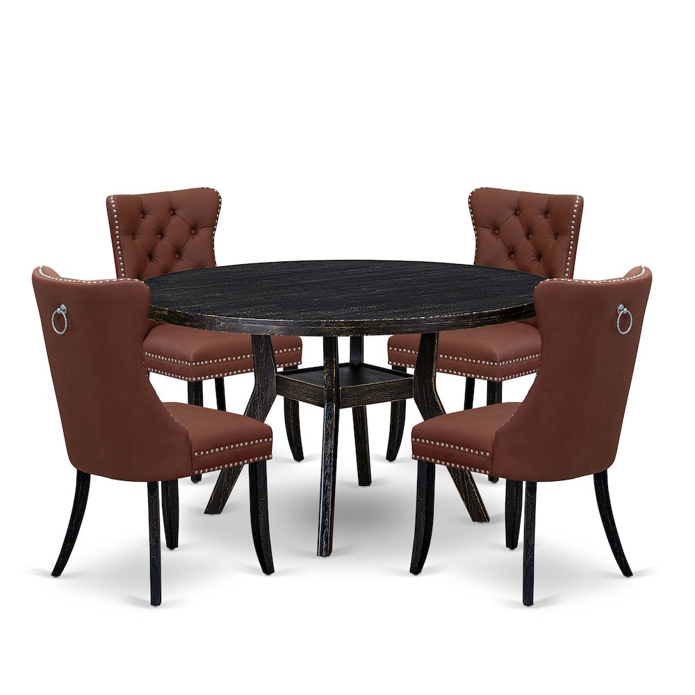5 Piece Dining Table Set Consists Of 54" Round Table In Burgandy Color. Picture 1