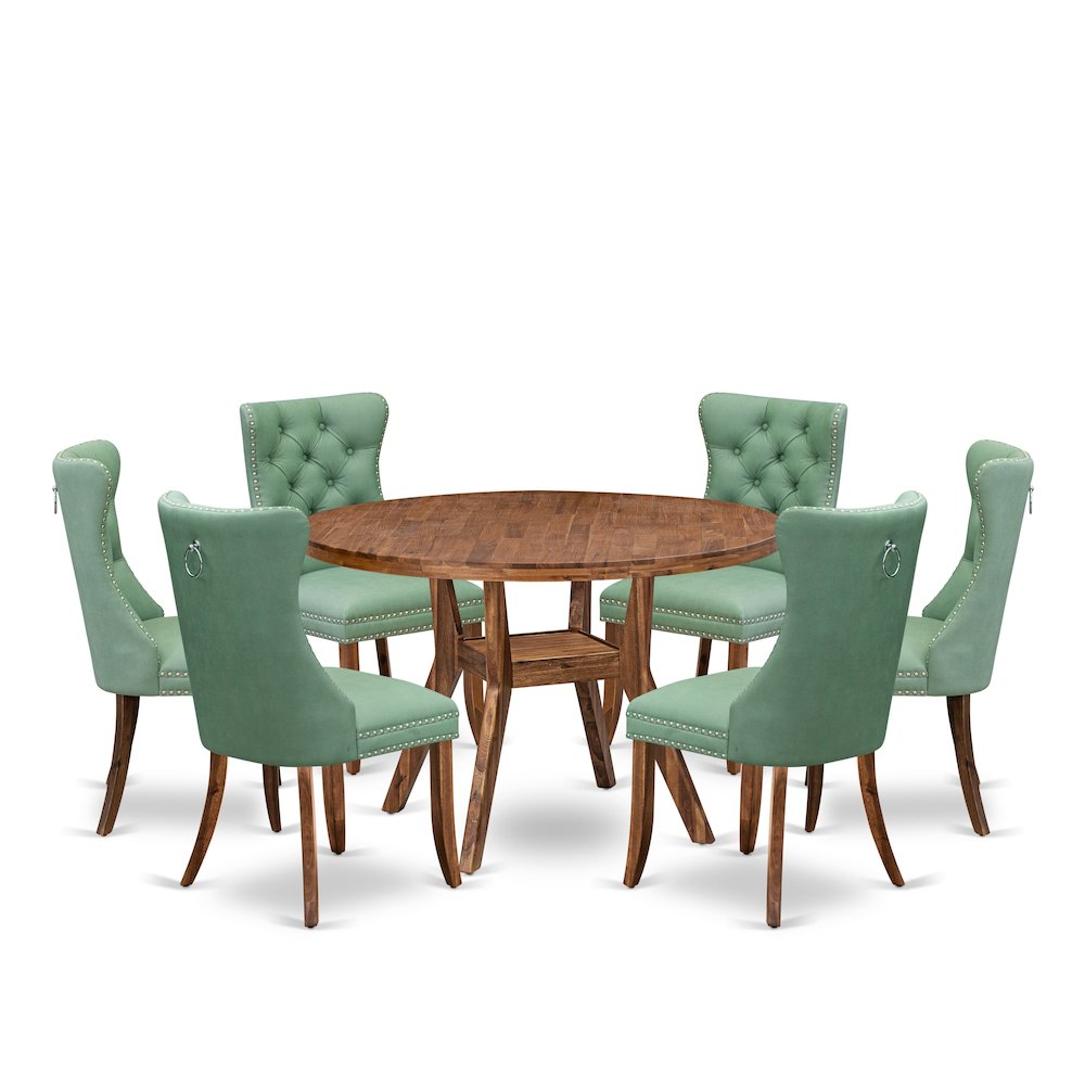 7-Pc Kitchen Table Set Include A Table And 6 Willow Green Upholstered Chairs. Picture 1
