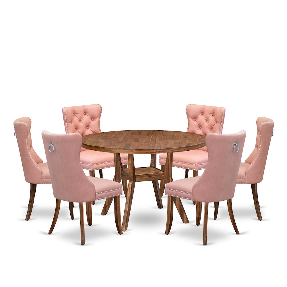 7-Pc Dining Room Table Set Include A Modern Table And 6 Beige Red Parson Chairs. Picture 1