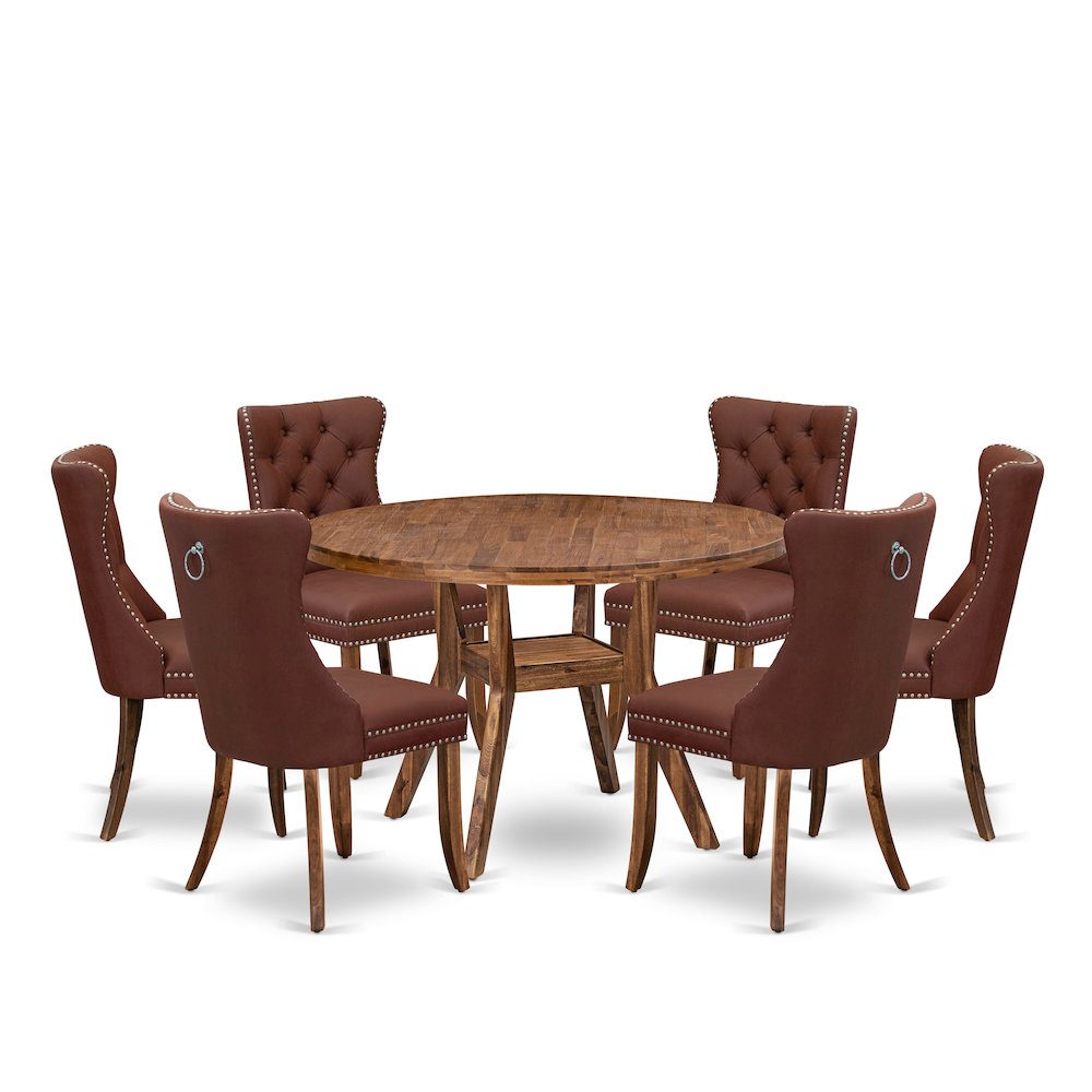 7-Pc Dining Room Set Include A Modern Table And 6 Burgundy Upholstered Chairs. Picture 1