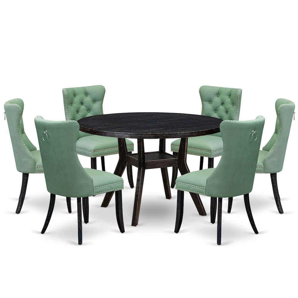 7 Piece Dinette Set Contains 48" Round Table In Willow Green Color. Picture 1