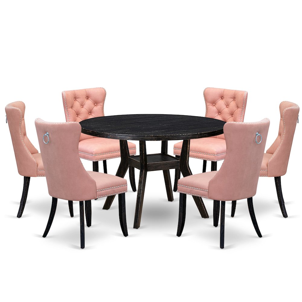 7 Piece Dining Set Contains 48" Round Kitchen Table In Beige Red Color. Picture 1