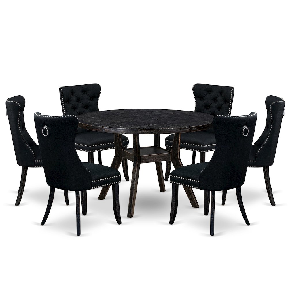 7-Piecemodern Dining Set Of A Wood Table, 6 Black Linen Fabric Modern Chair. Picture 1