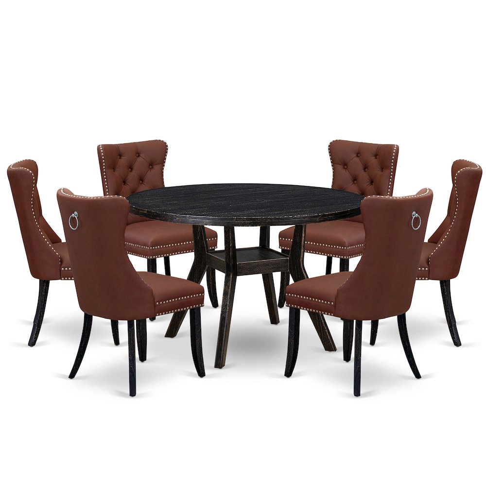 7 Piece Dining Table Set Contains 48" Round Table In Burgandy Color. Picture 1