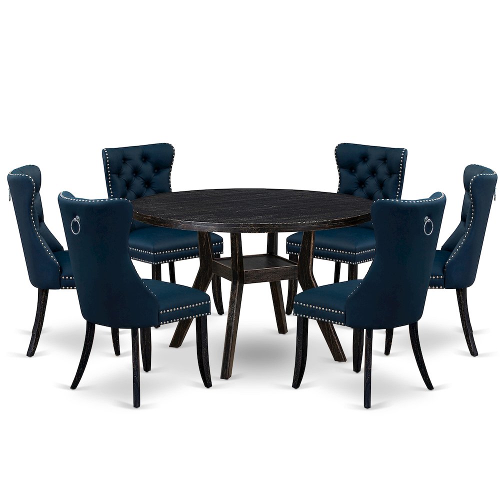 7 Piece Dining Table Set Contains 48" Round Table In Navy Blue Color. Picture 1