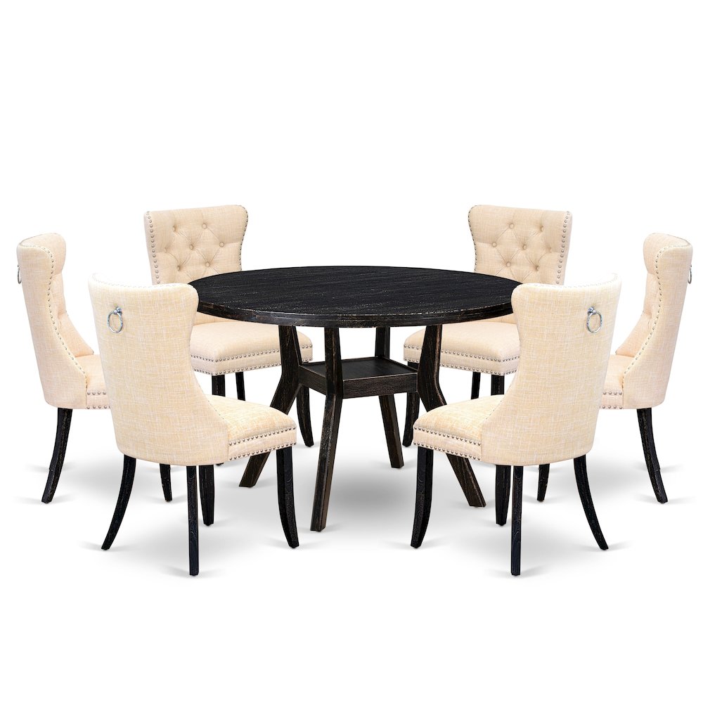 7-Piece Kitchen A Dining Table And 6 Light Beige Linen Fabric Dinner Chairs. Picture 1