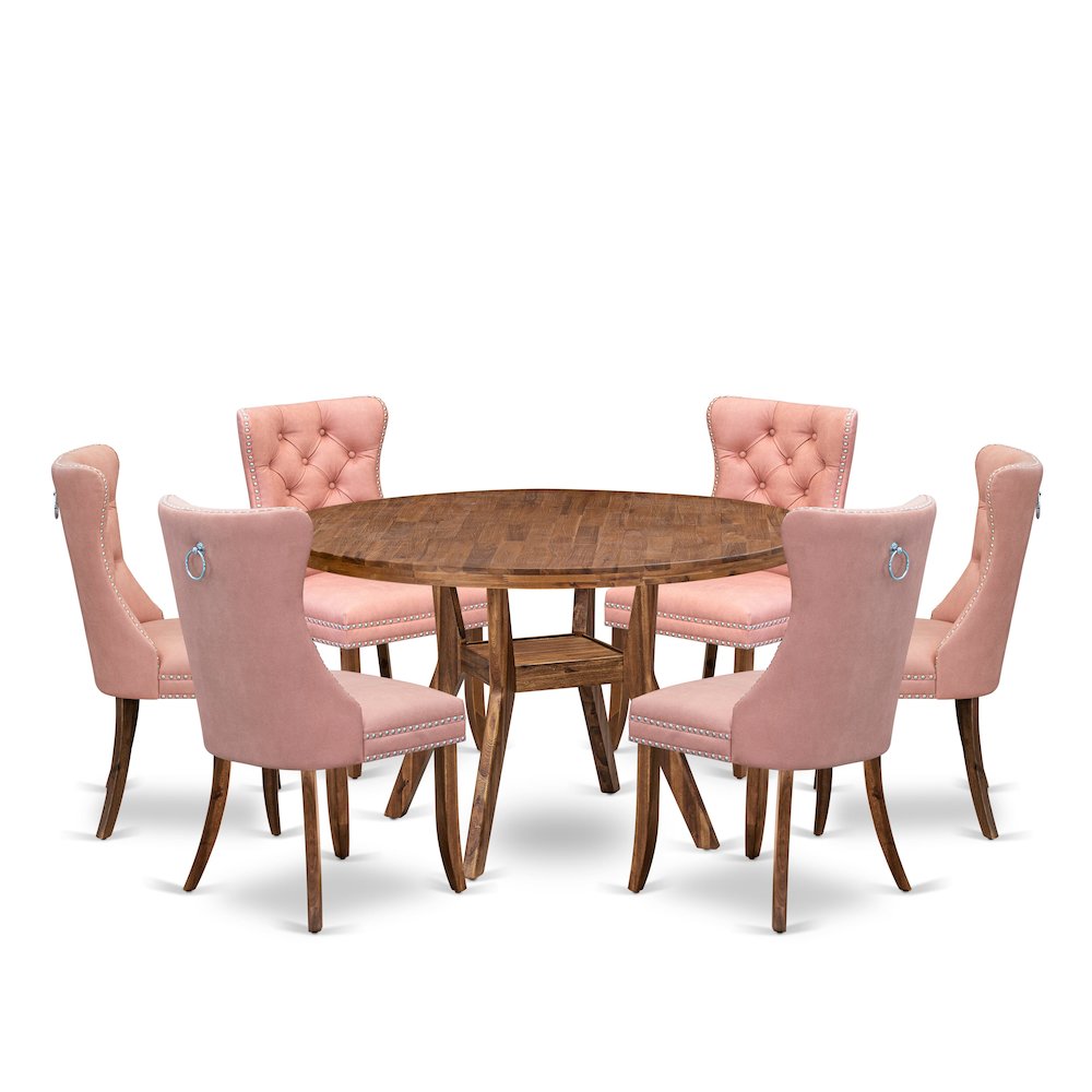 7-Pc Dining Room Set Consist A Dinner Table And 6 Beige Red Upholstered Chairs. Picture 1