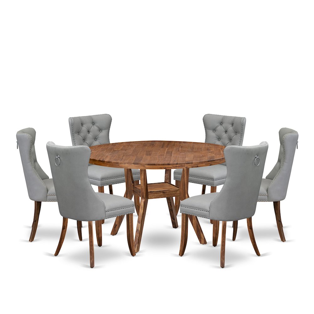 7-Pc Mid Century Dining Table Set Consist A Table And 6 Light Gray Padded Chairs. Picture 1