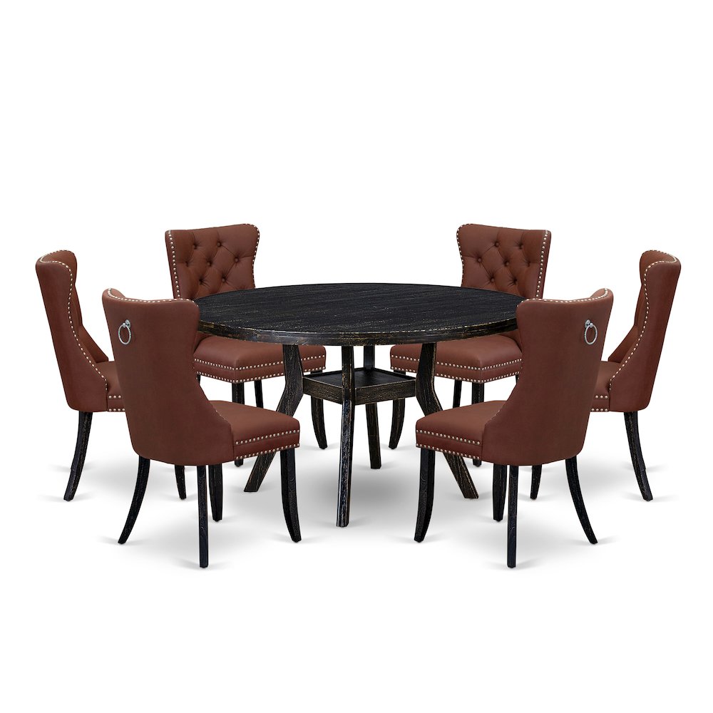 7 Piece Dining Table Set Contains 54" Round Table In Burgandy Color. Picture 1