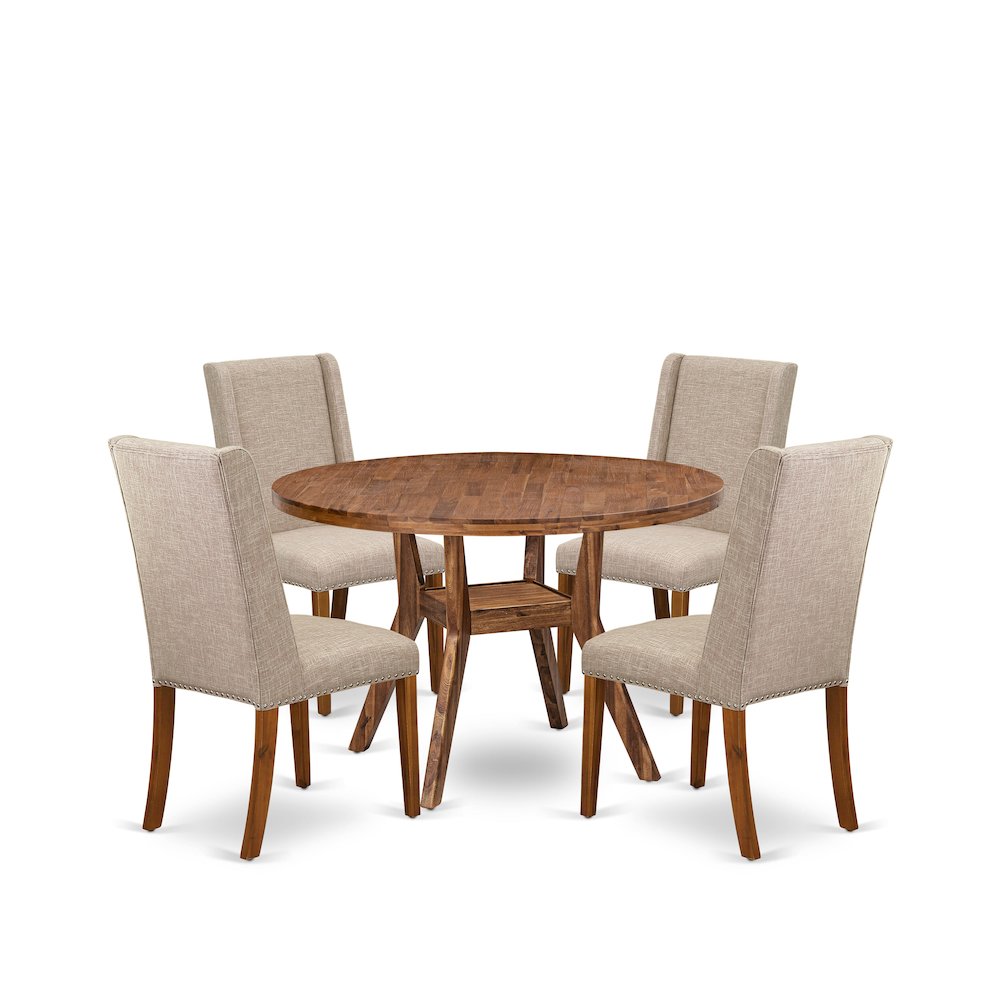 5-Piece Dining Table Set A Modern Table, 4 Light Tan Fabric Upholstered Chairs. Picture 1