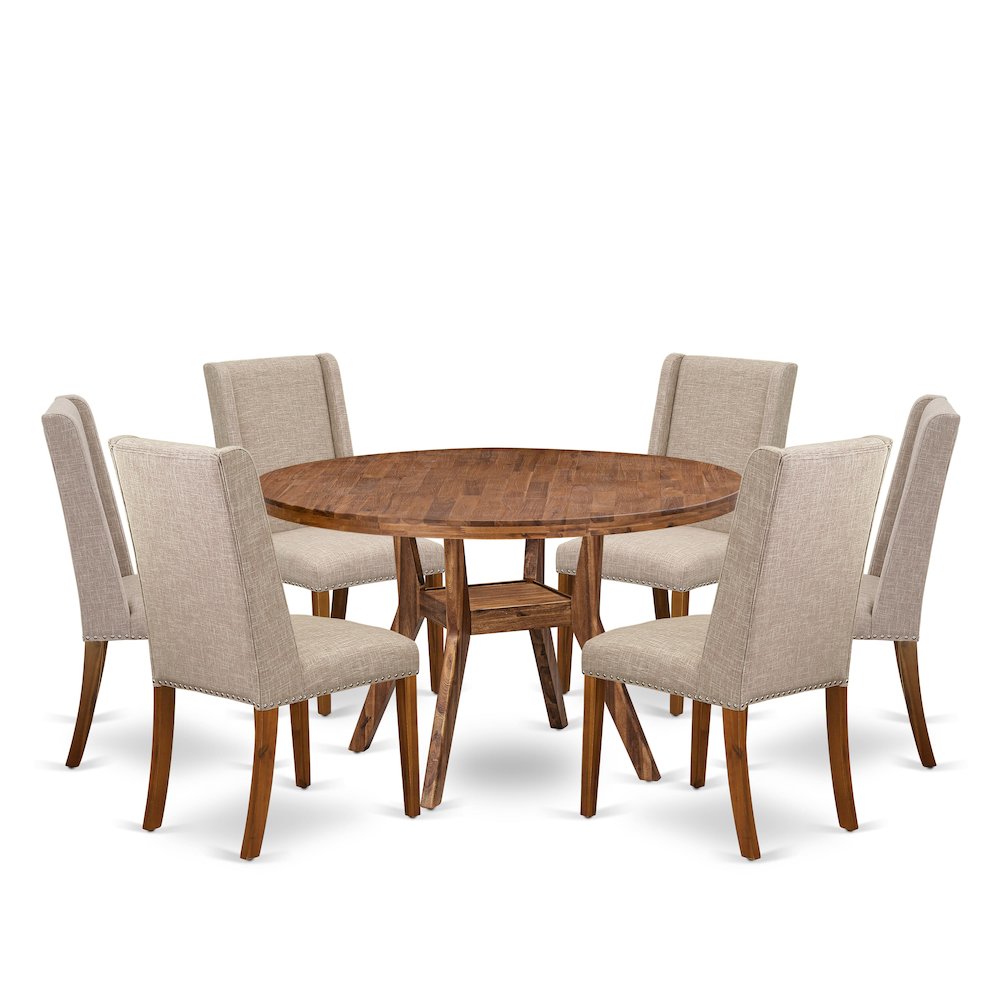 7-Piece Dinette Set Of A Wood Dining Table, 6 Light Tan Dining Room Chairs. Picture 1