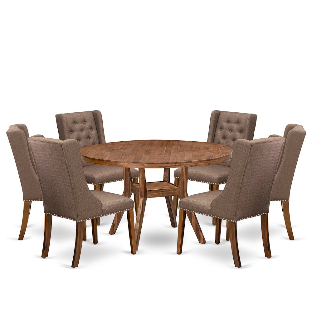 7-Pc Dining Room Set A Wood Dining Table, 6 Brown Linen Fabric Padded Chairs. Picture 1