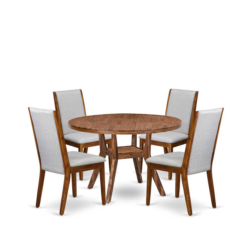 5-Pc Mid-Century Kitchen Set A Pedestal Table, 4 Grey Fabric Kitchen Chairs. Picture 1