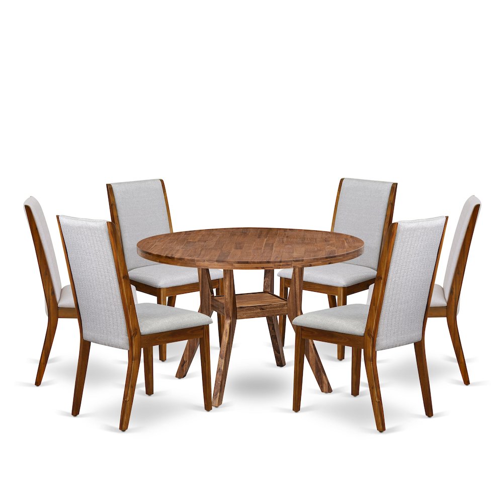 7-Pc Modern Dining Set Of A Pedestal Dinner Table, 6 Grey Fabric Dinner Chairs. Picture 1