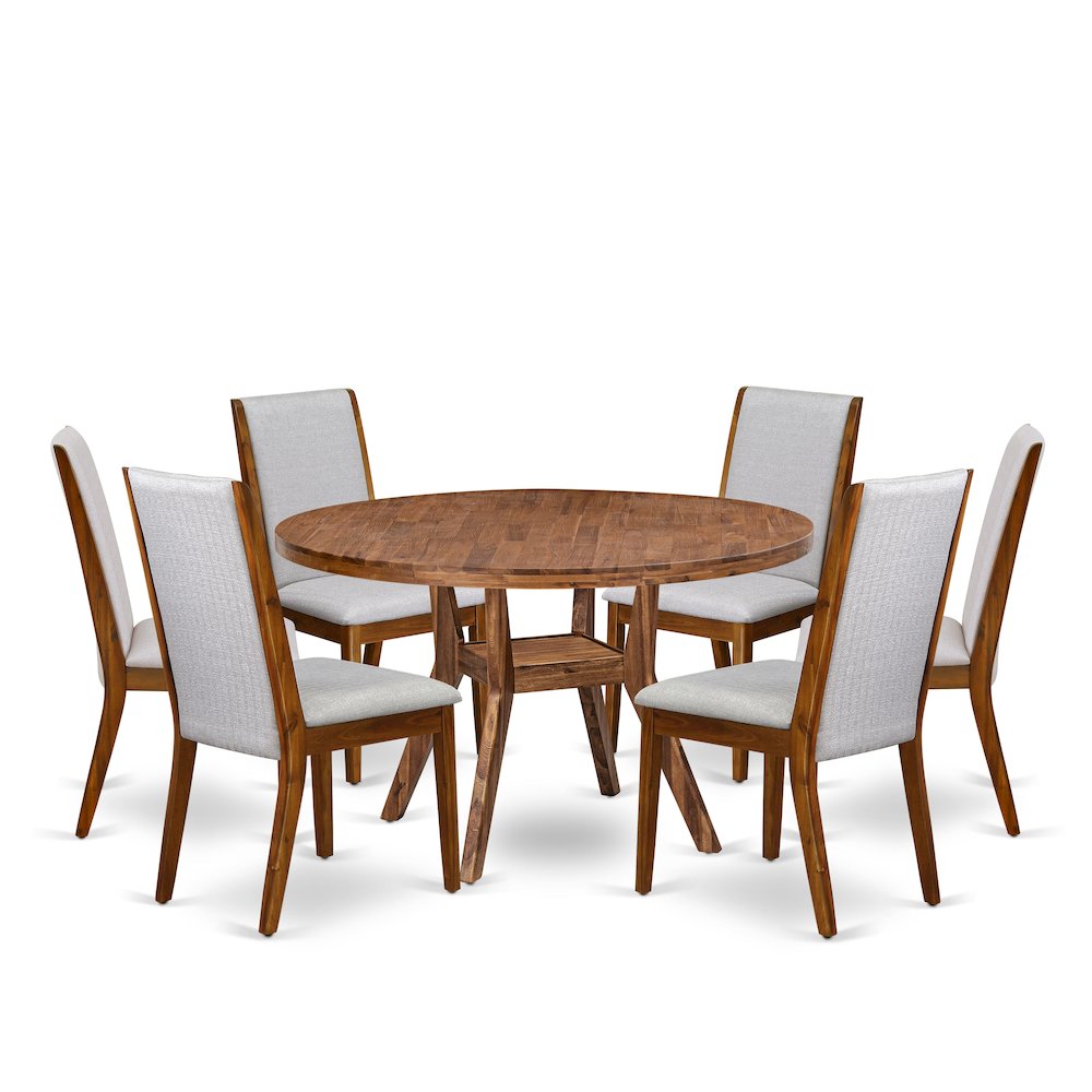 7-Pc Dining Set Of A Pedestal Dinner Table, 6 Grey Linen Fabric Padded Chairs. Picture 1