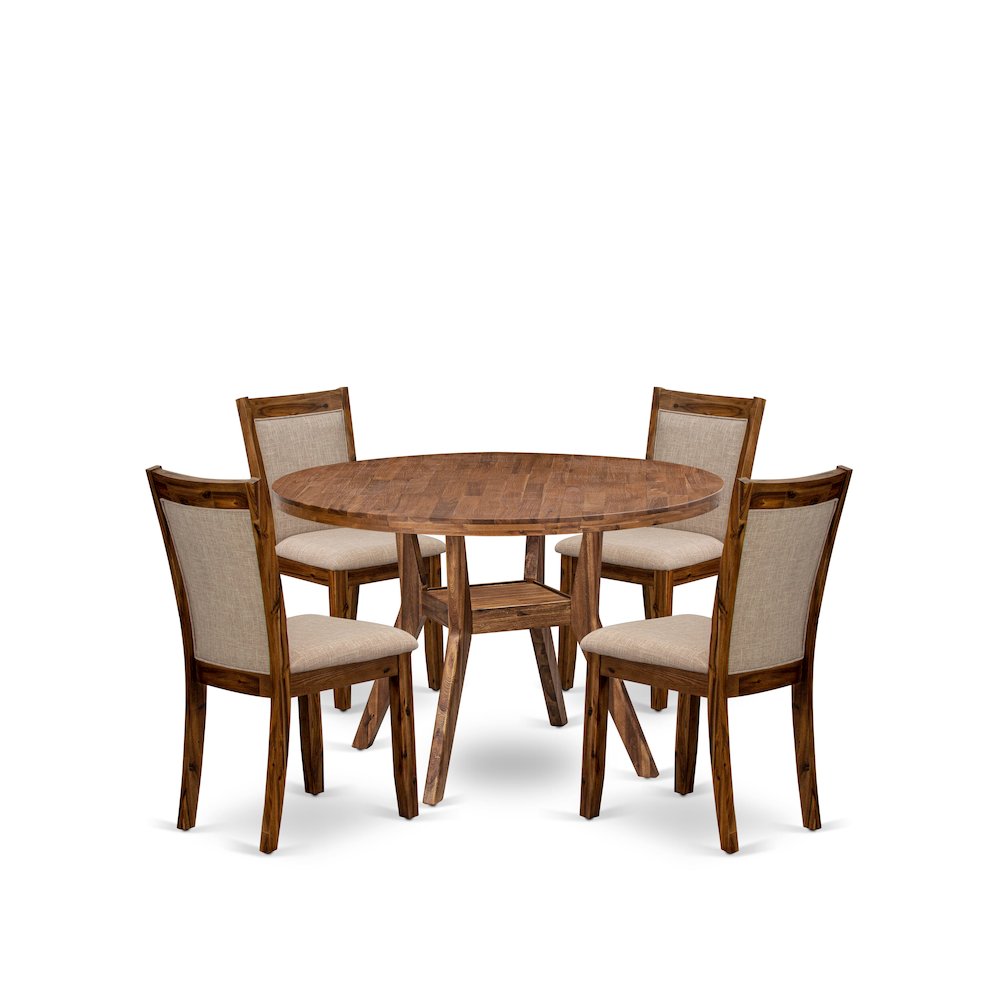 5-Pc Dining Set A Pedestal Dinner Table, 4 Light Tan Linen Fabric Kitchen Chairs. Picture 1