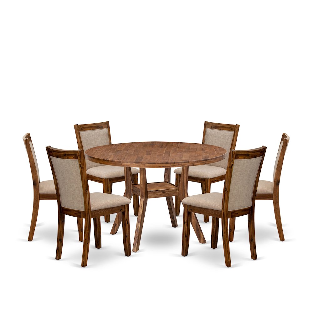 7-Pc Kitchen Set Of A Pedestal Breakfast Table, 6 Light Tan Fabric Padded Chairs. Picture 1