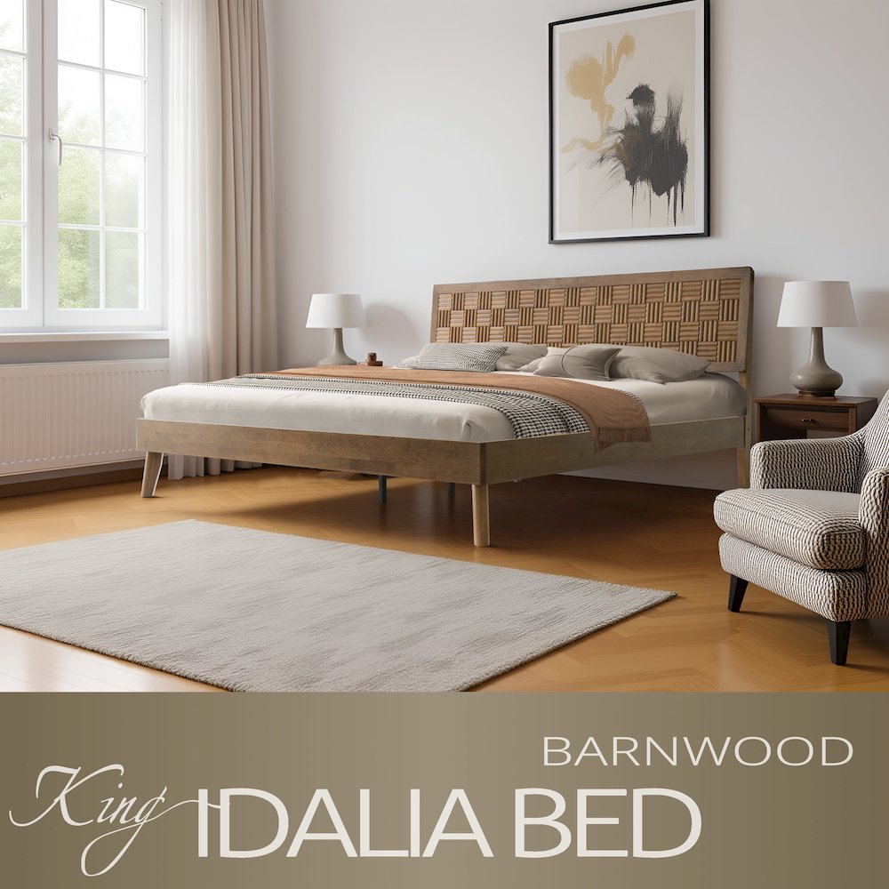 King Wooden Platform Bed Frame, Barnwood Finish, Traditional Style. Picture 6