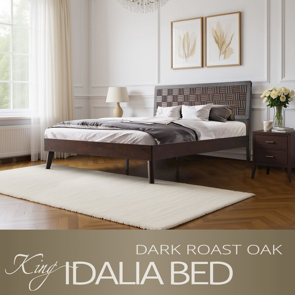 King Wooden Platform Bed Frame, Dark Roast Oak Finish, Traditional Style. Picture 6