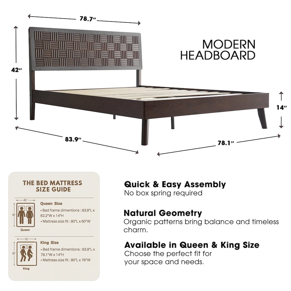 King Wooden Platform Bed Frame, Dark Roast Oak Finish, Traditional Style. Picture 2