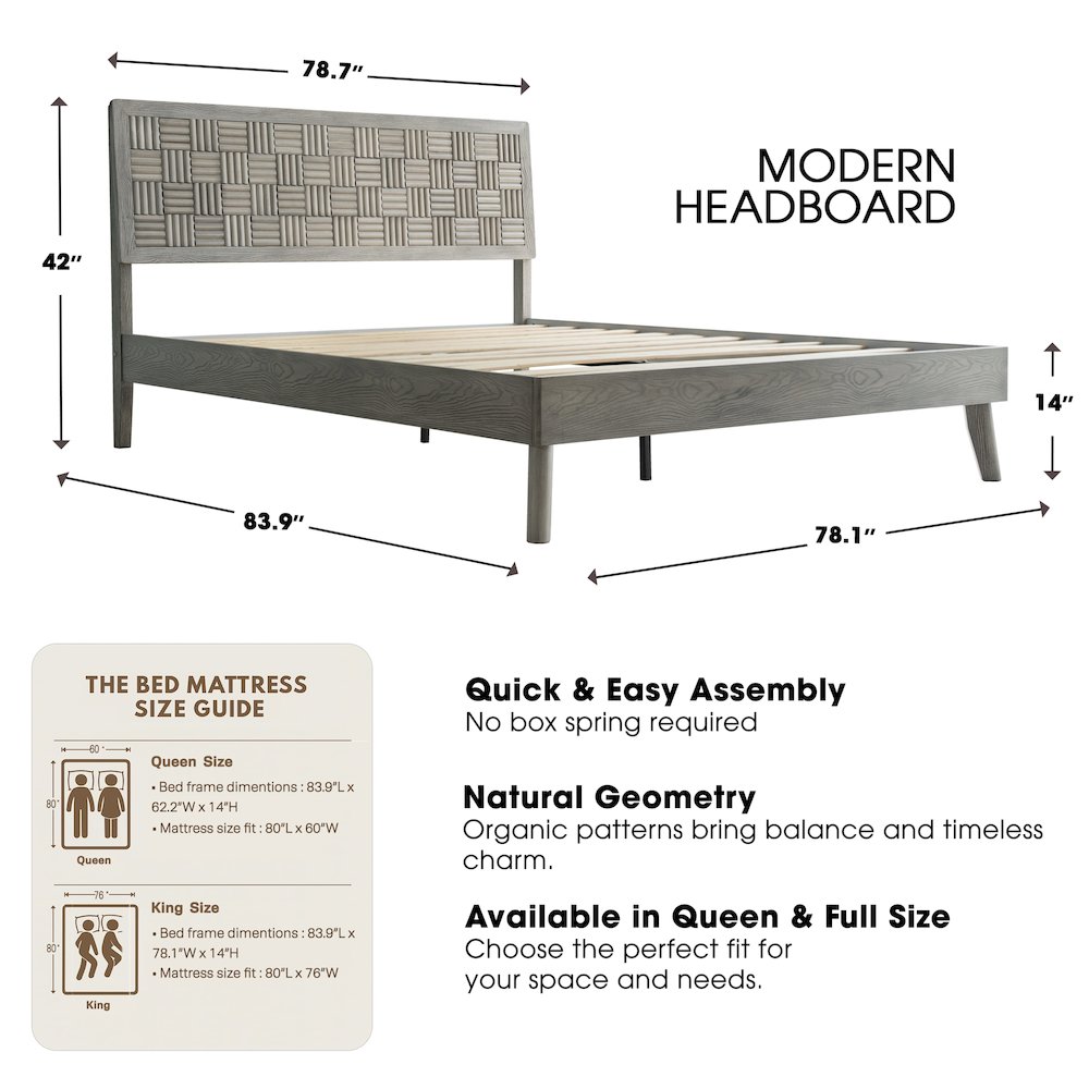 King Wooden Platform Bed Frame, Weathered Gray Oak Finish, Traditional Style. Picture 2