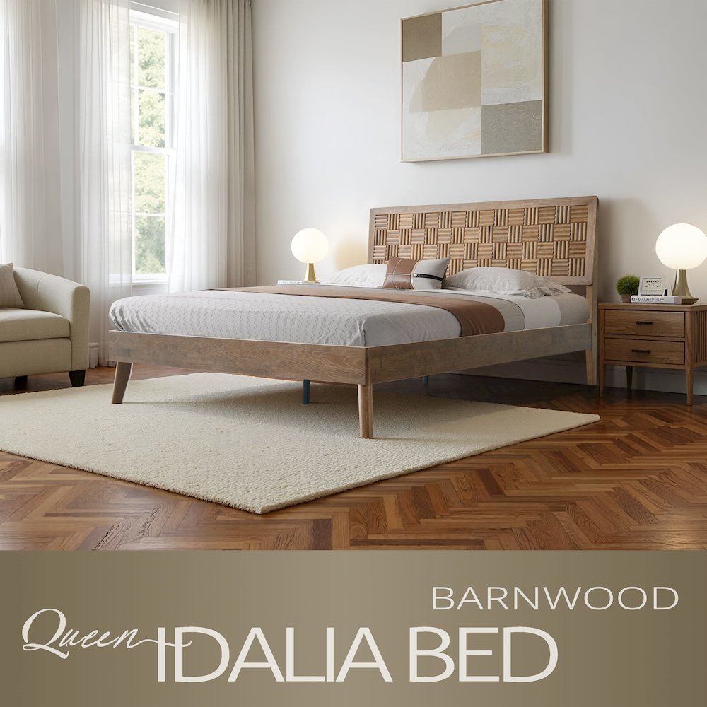 Queen Wooden Platform Bed Frame, Barnwood Finish, Traditional Style. Picture 6