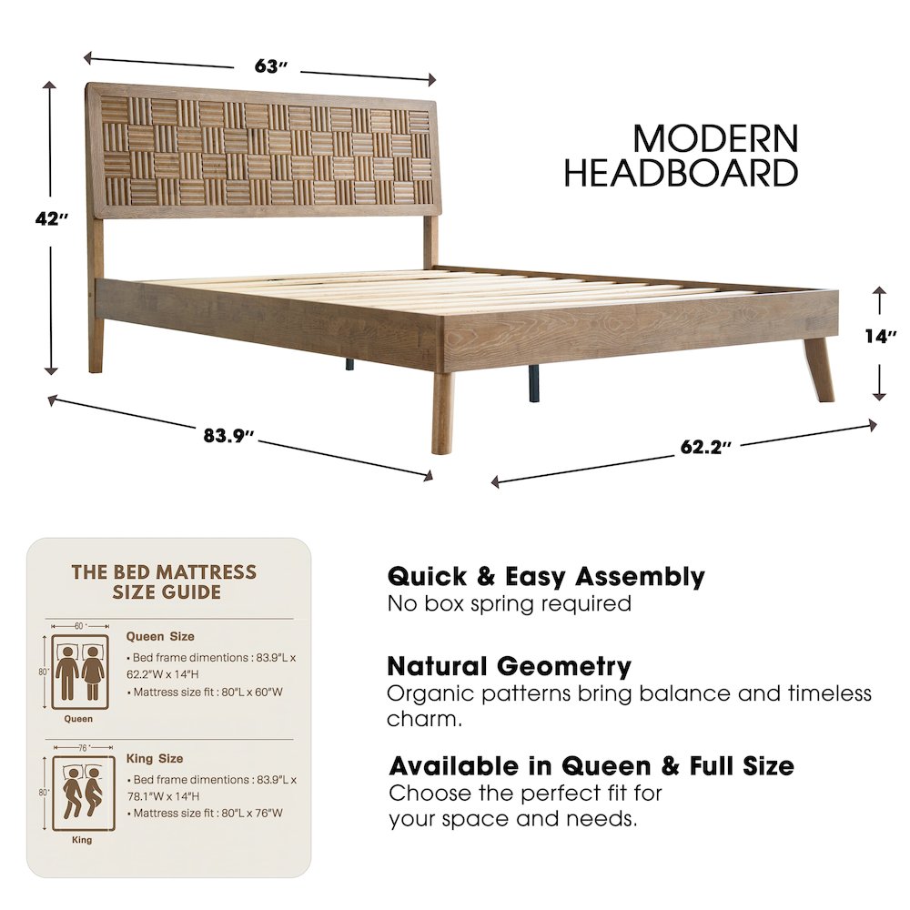 Queen Wooden Platform Bed Frame, Barnwood Finish, Traditional Style. Picture 2