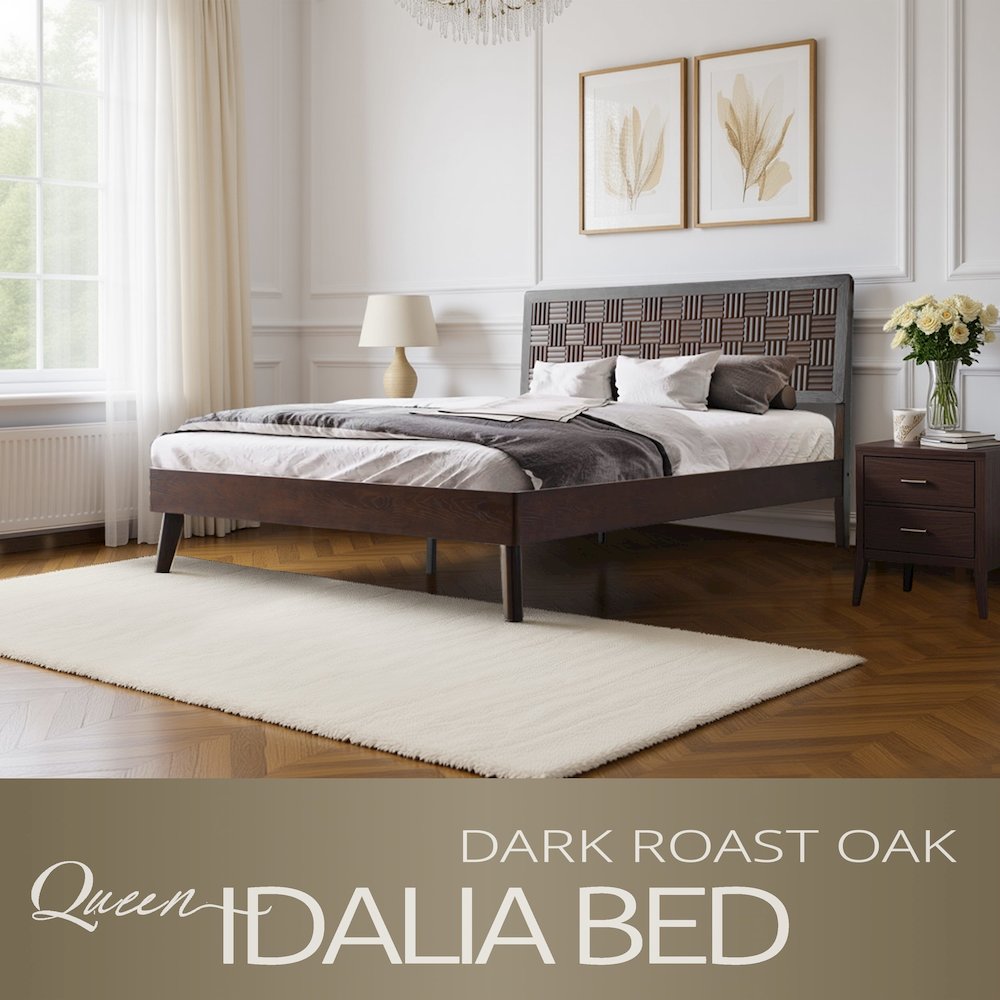 Queen Wooden Platform Bed Frame, Dark Roast Oak Finish, Traditional Style. Picture 6