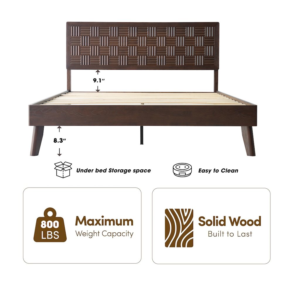 Queen Wooden Platform Bed Frame, Dark Roast Oak Finish, Traditional Style. Picture 1