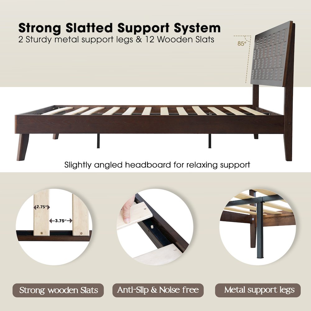 Queen Wooden Platform Bed Frame, Dark Roast Oak Finish, Traditional Style. Picture 3