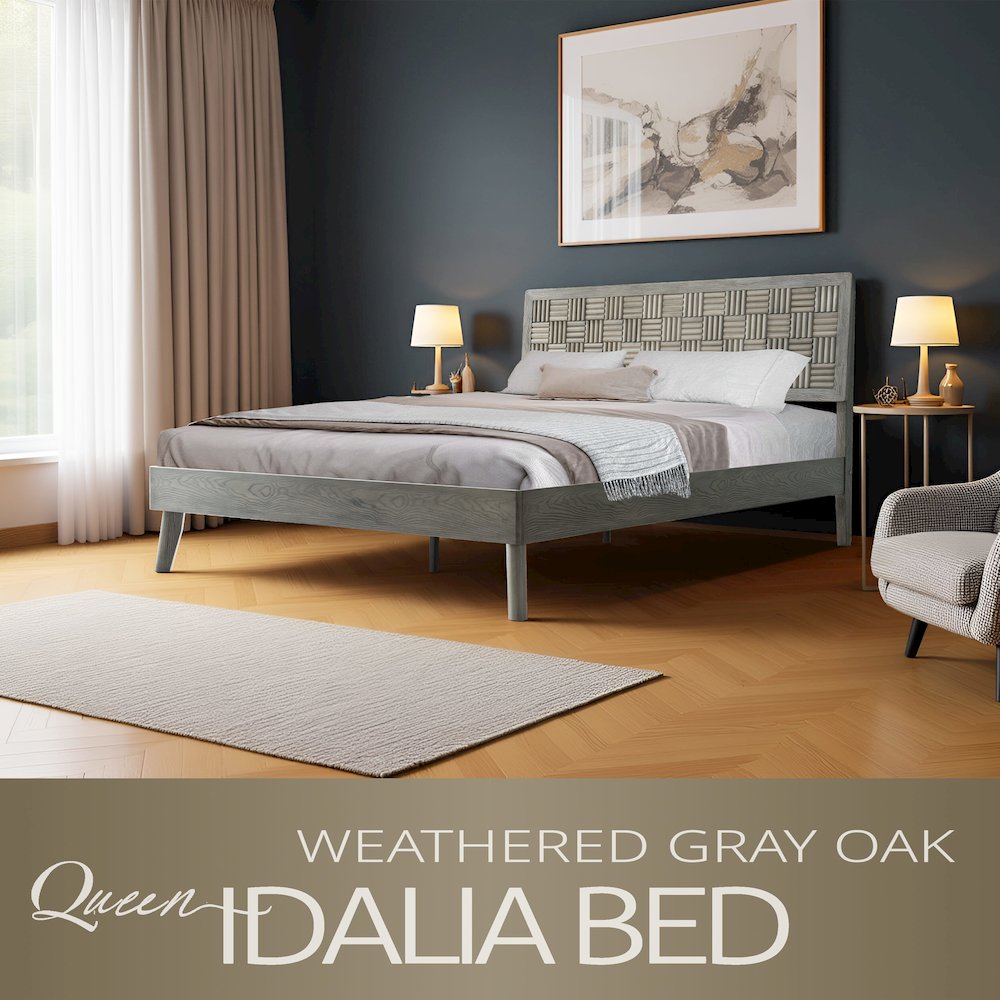 Queen Wooden Platform Bed Frame, Weathered Gray Oak Finish, Traditional Style. Picture 6