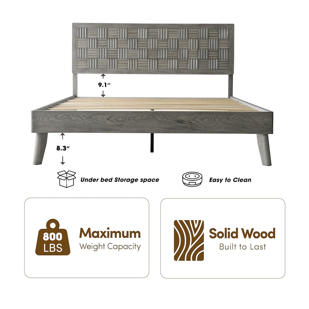 Queen Wooden Platform Bed Frame, Weathered Gray Oak Finish, Traditional Style. Picture 1