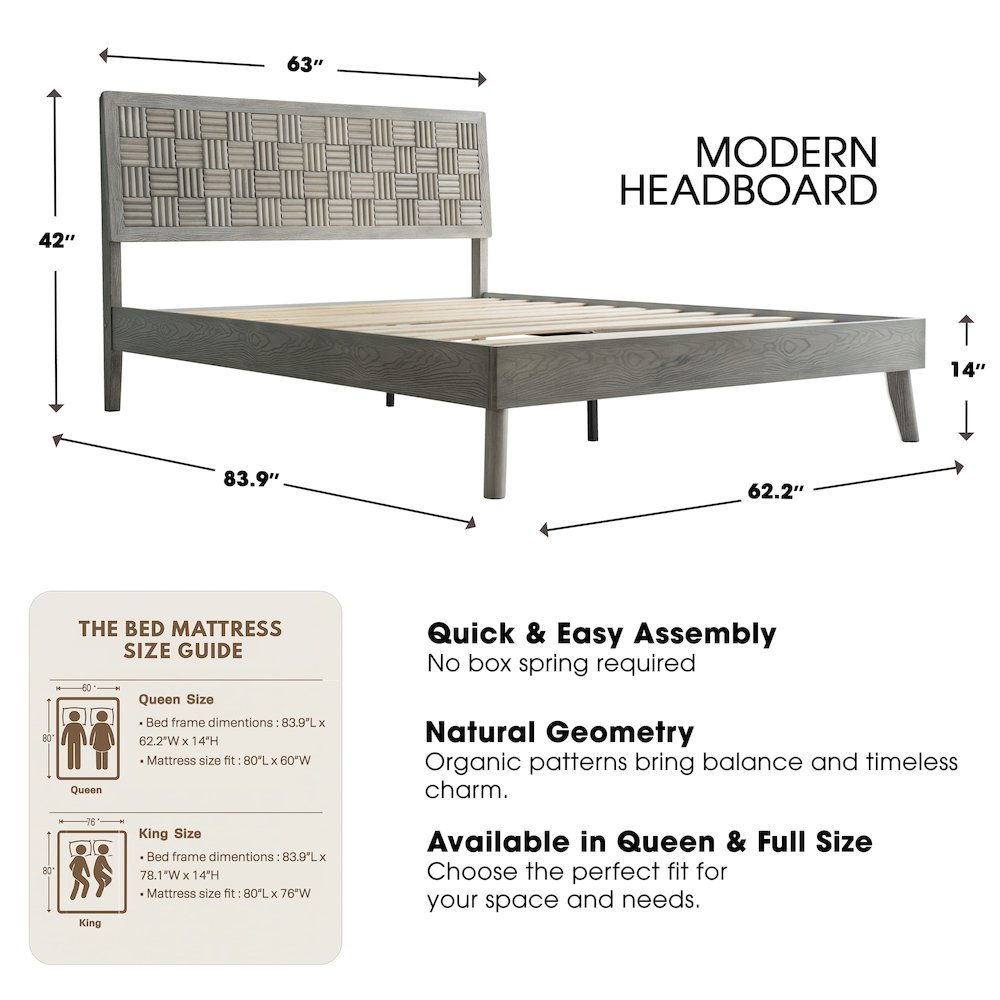 Queen Wooden Platform Bed Frame, Weathered Gray Oak Finish, Traditional Style. Picture 2