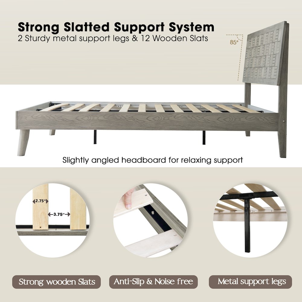 Queen Wooden Platform Bed Frame, Weathered Gray Oak Finish, Traditional Style. Picture 3