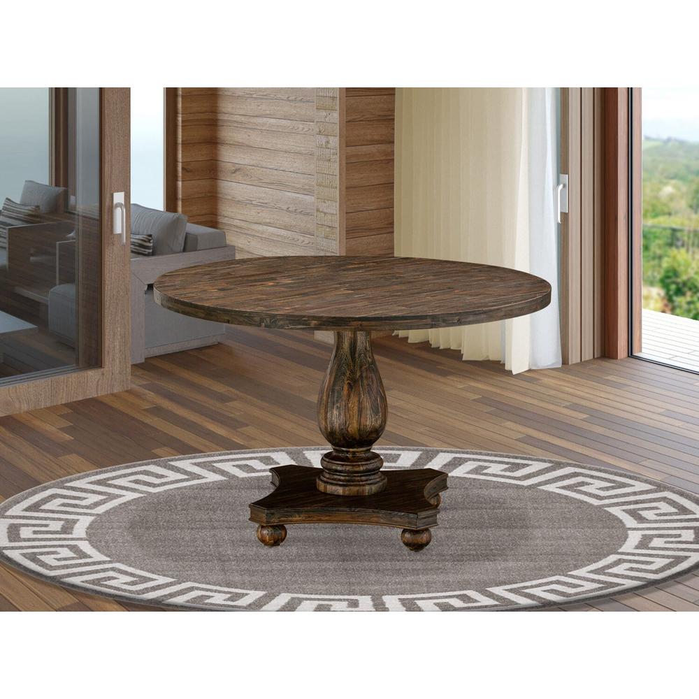 East West Furniture IRVING Round Dining Table with Pedestal - Rustic Rubberwood Table in Distressed Jacobean Finish, 48 Inch. Picture 2