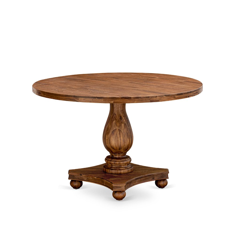 East West Furniture IRVING Round Dining Table with Pedestal, Rustic Rubberwood Table in Sandblasting Antique Walnut Finish 48 Inch. Picture 1