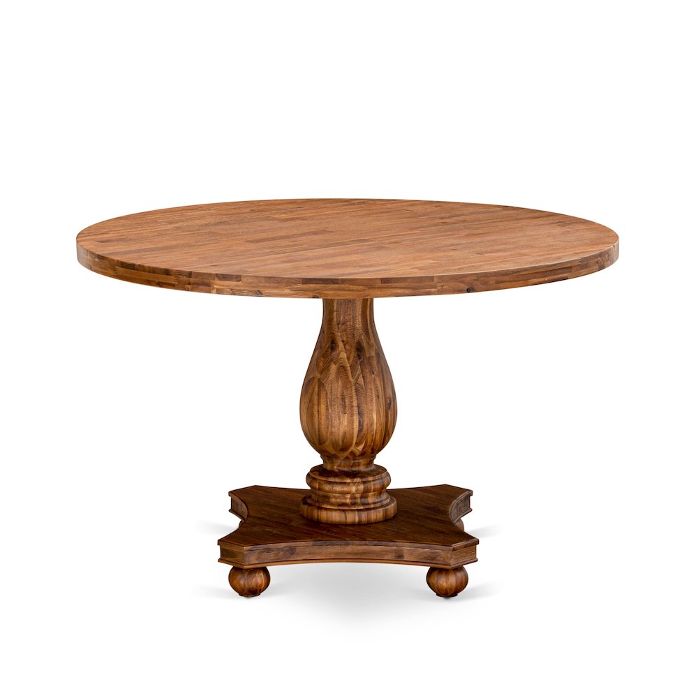 East West Furniture IRVING Round Dining Table with Pedestal, Rustic Rubberwood Table in Sandblasting Antique Walnut Finish 48 Inch. Picture 3
