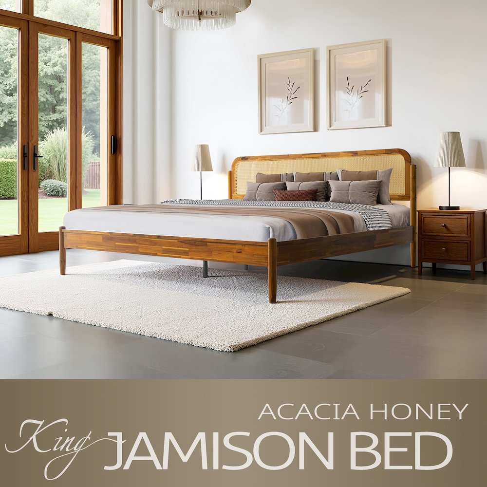 JMK-38 King Wooden Platform Bed Frame, Acacia Honey Finish, Traditional Style. Picture 6