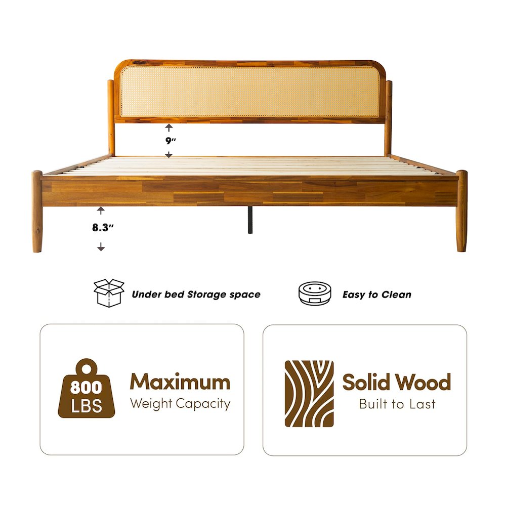 JMK-38 King Wooden Platform Bed Frame, Acacia Honey Finish, Traditional Style. Picture 1