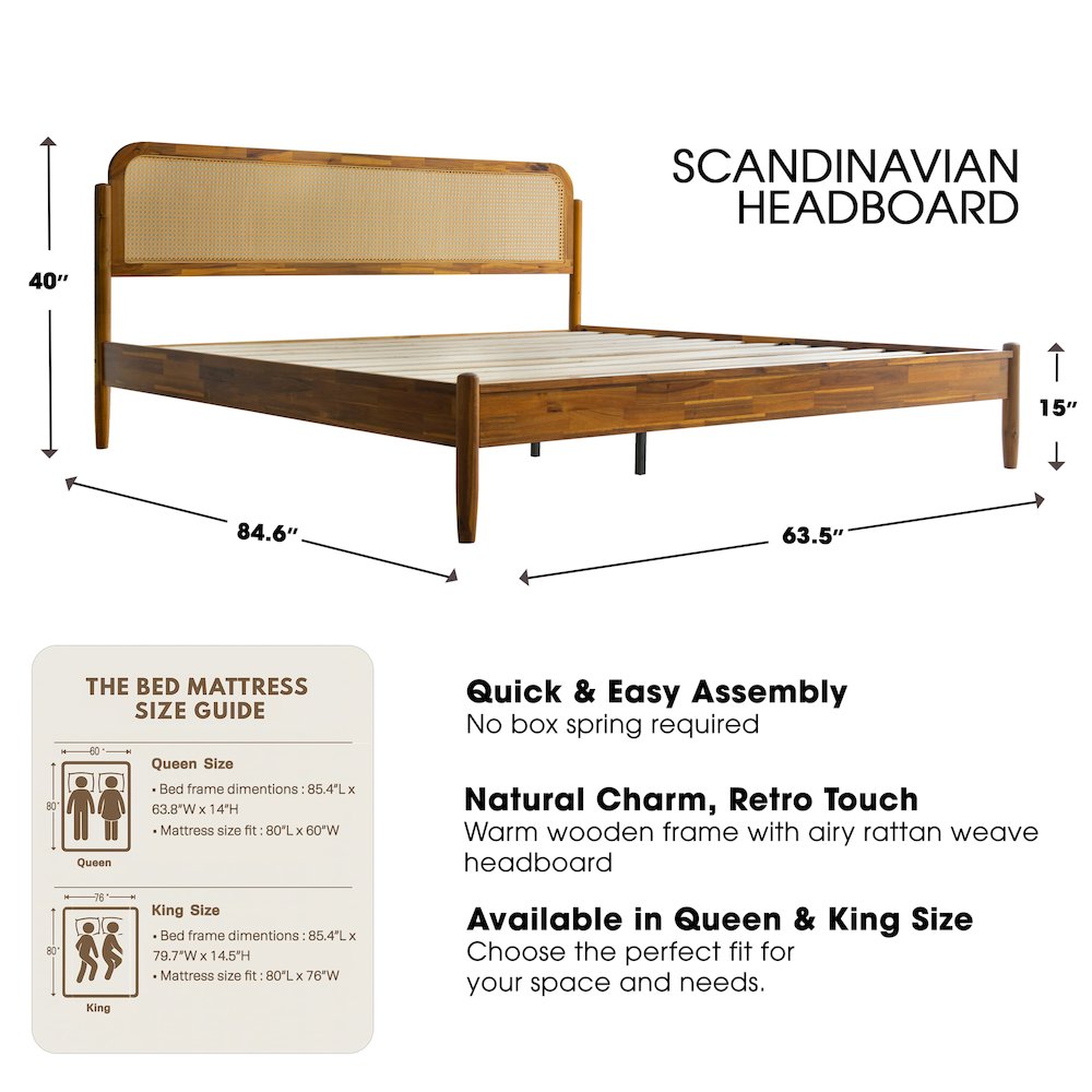 JMK-38 King Wooden Platform Bed Frame, Acacia Honey Finish, Traditional Style. Picture 2