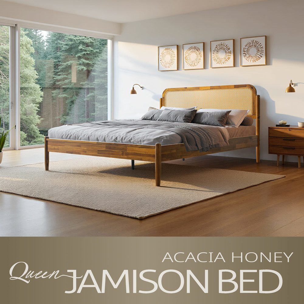 JMQ-38 Queen Wooden Platform Bed Frame, Acacia Honey Finish, Traditional Style. Picture 6