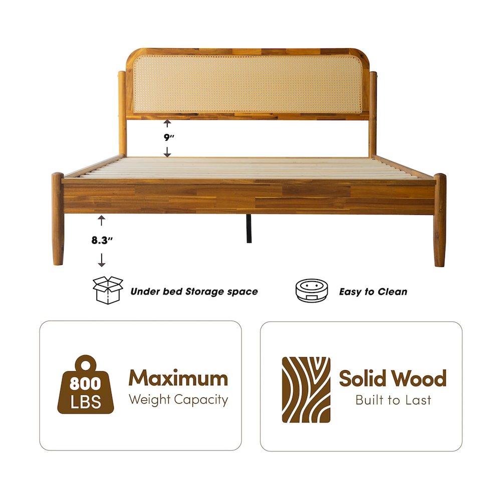 JMQ-38 Queen Wooden Platform Bed Frame, Acacia Honey Finish, Traditional Style. Picture 1