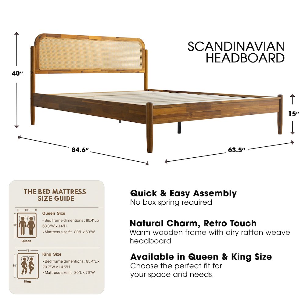 JMQ-38 Queen Wooden Platform Bed Frame, Acacia Honey Finish, Traditional Style. Picture 2