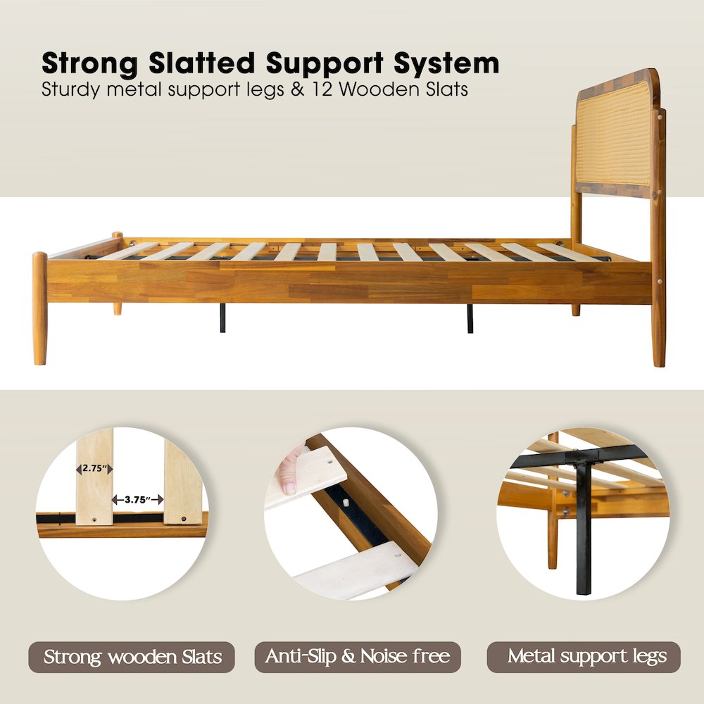 JMQ-38 Queen Wooden Platform Bed Frame, Acacia Honey Finish, Traditional Style. Picture 3